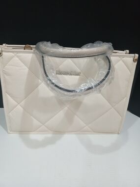 Montana West Cream Quilted Satchel with Top Handles and Gold Logo